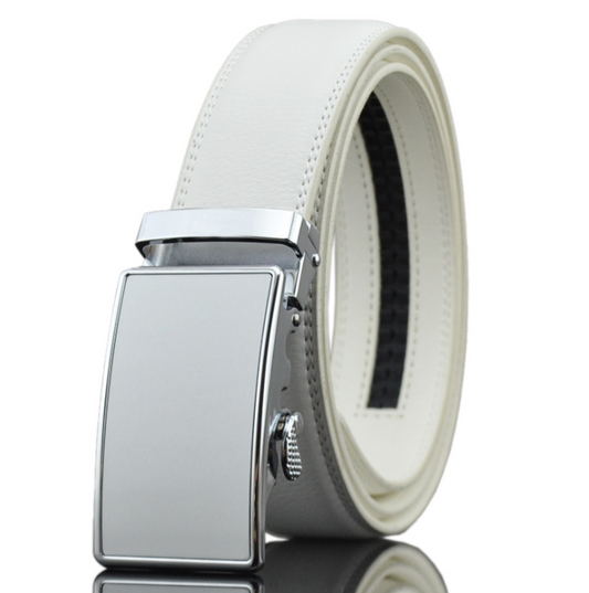 White Belt Silver Buckle Mens Adjustable Ratchet Slide Buckle Belt -