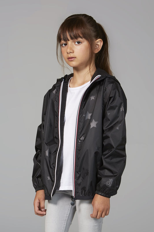 Kids black gloss stars packable rain jacket and windbreaker