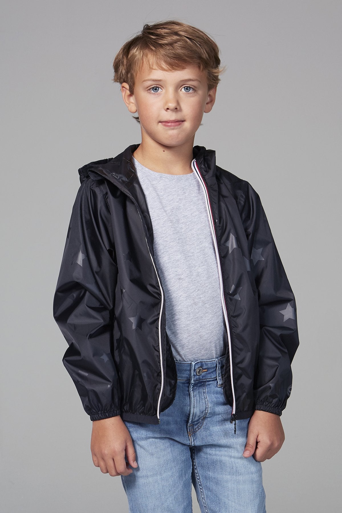 Kids black gloss stars packable rain jacket and windbreaker