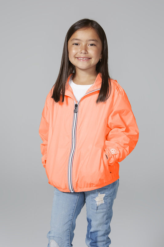 Kids orange fluo full zip packable rain jacket and windbreaker
