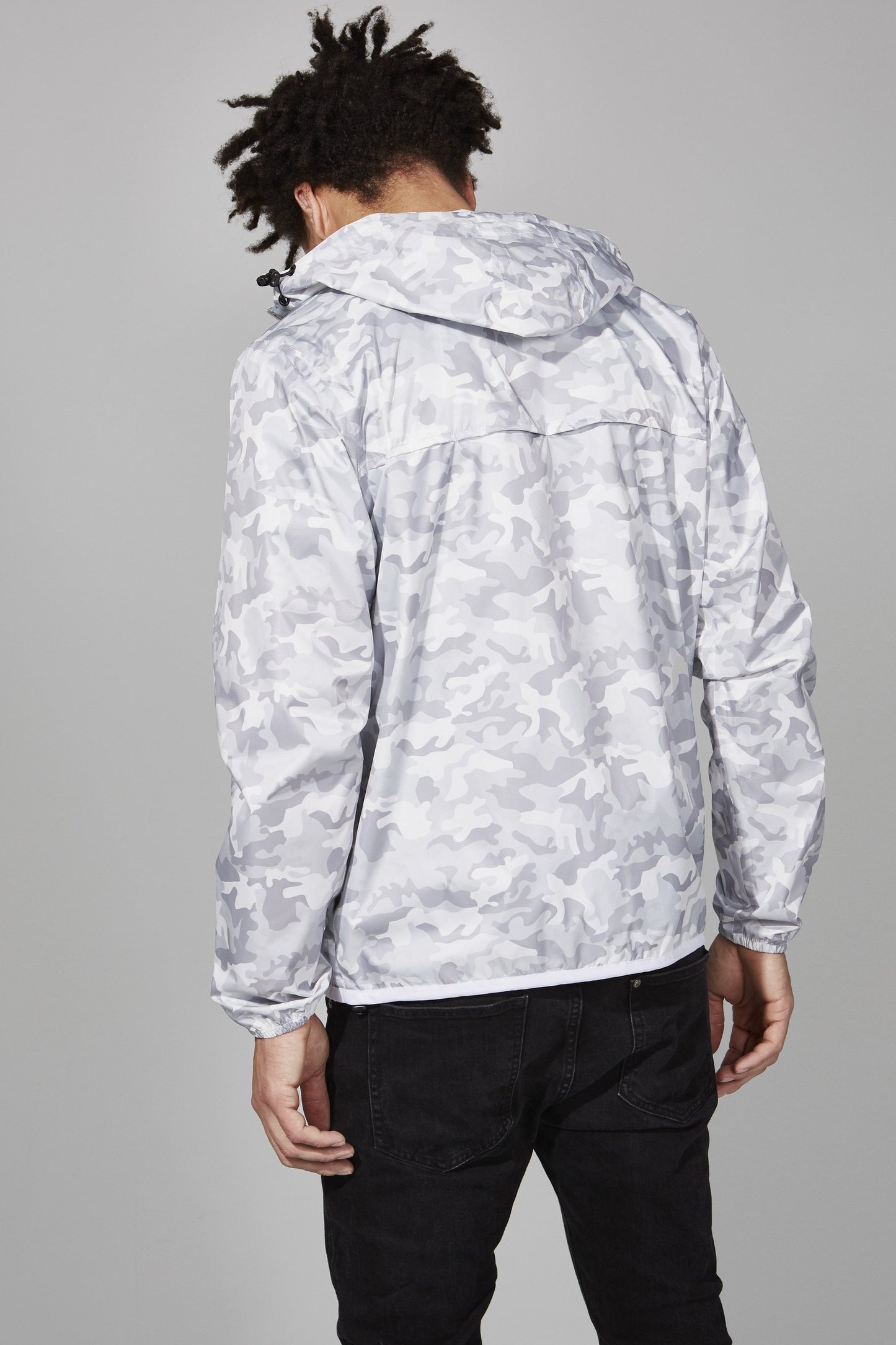 White camo full zip packable rain jacket and windbreaker