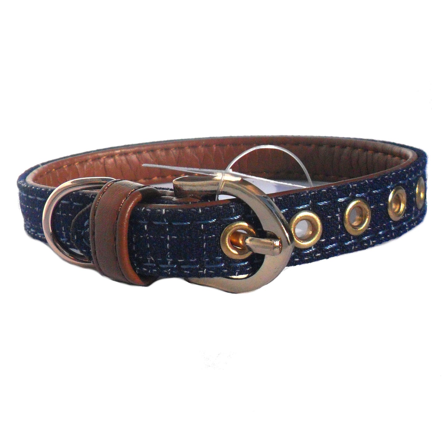 Blue Fabric & Brown Faux Leather Collar