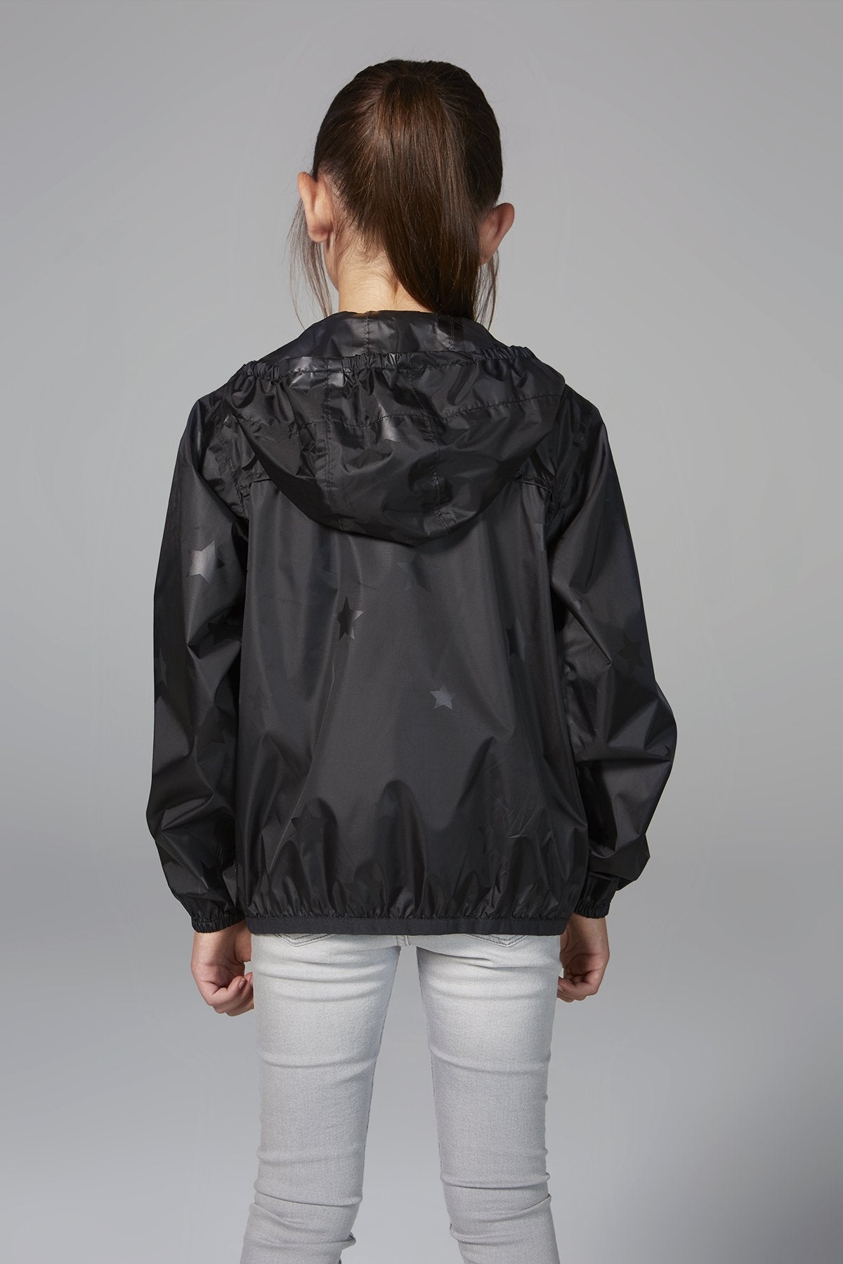Kids black gloss stars packable rain jacket and windbreaker