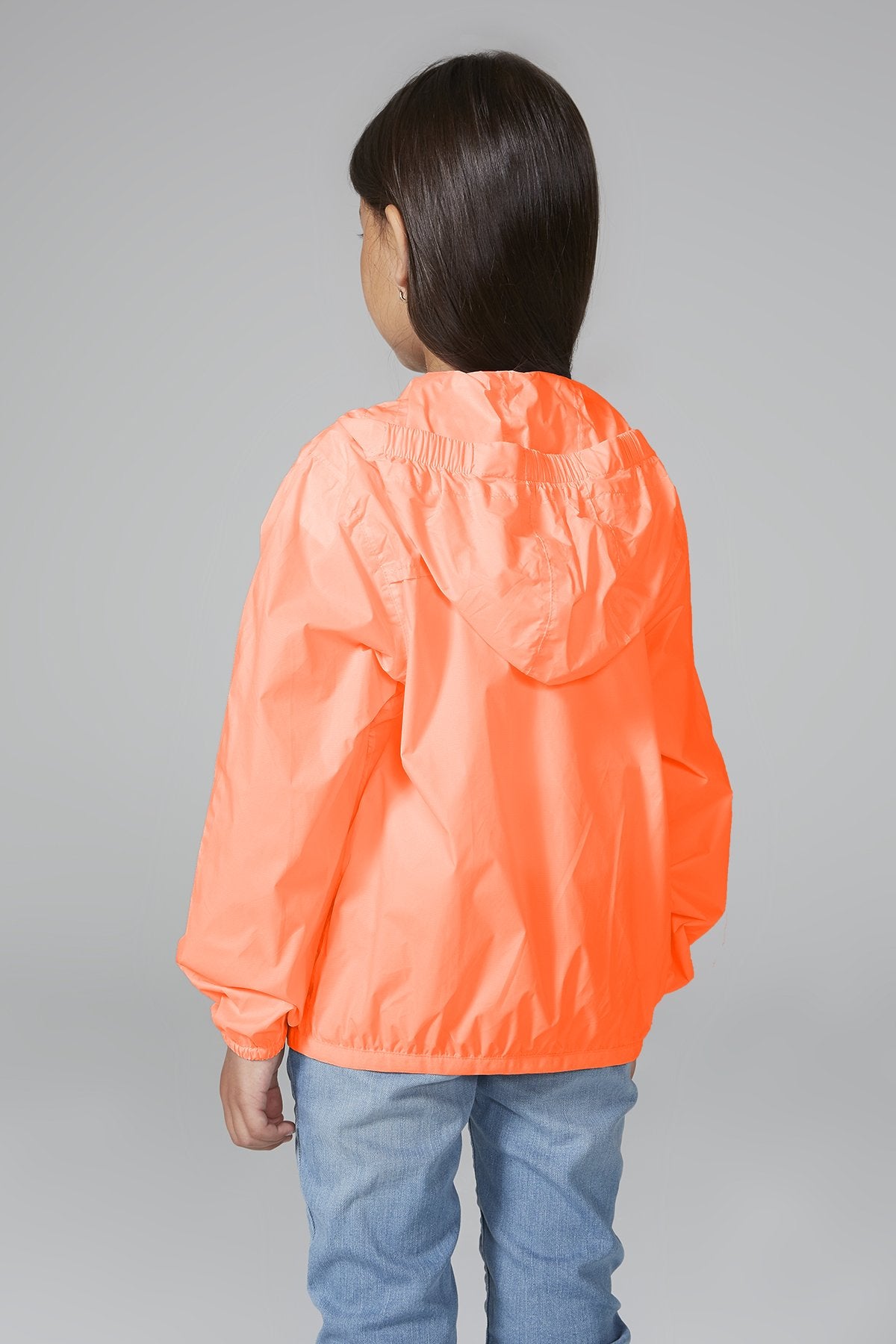 Kids orange fluo full zip packable rain jacket and windbreaker