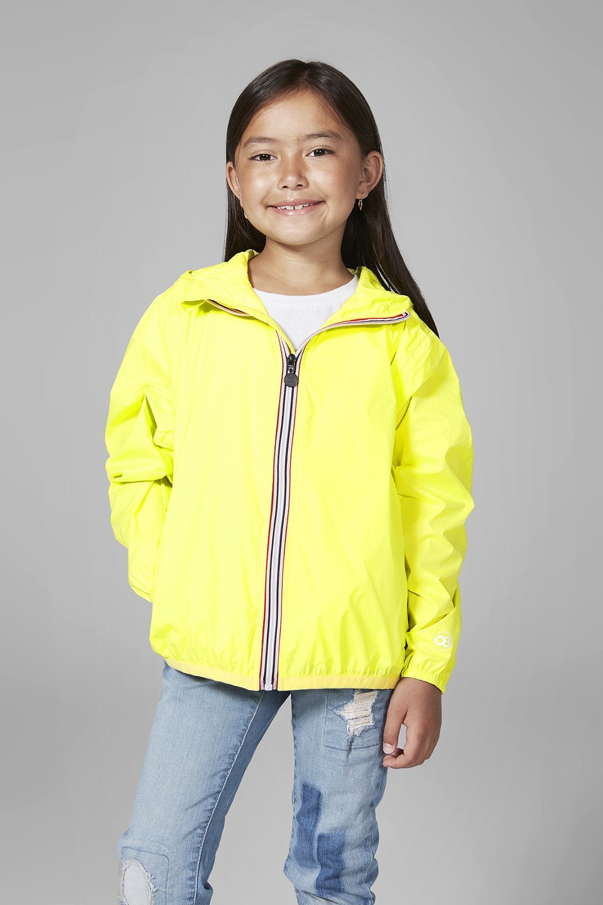 Kids yellow fluo full zip packable rain jacket and windbreaker