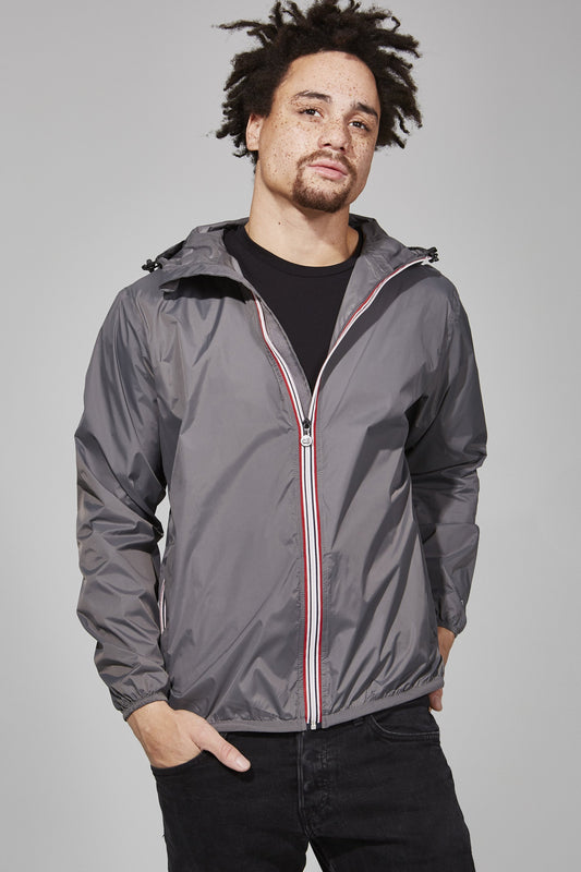 Grey full zip packable rain jacket and windbreaker