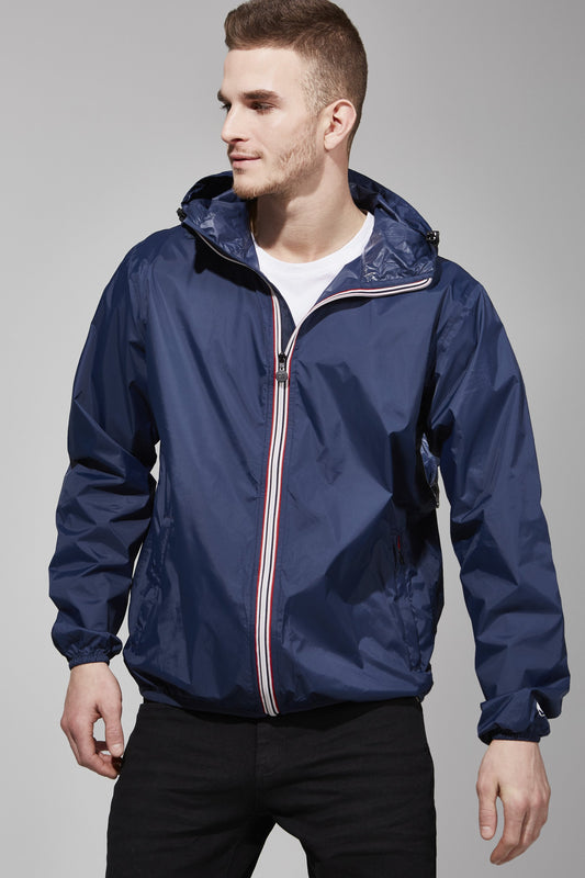 Navy full zip packable rain jacket and windbreaker