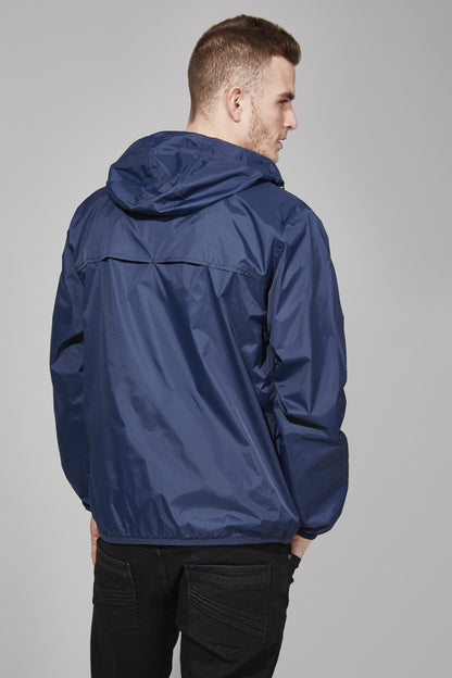 Navy full zip packable rain jacket and windbreaker