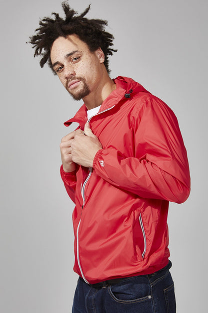 Red full zip packable rain jacket and windbreaker