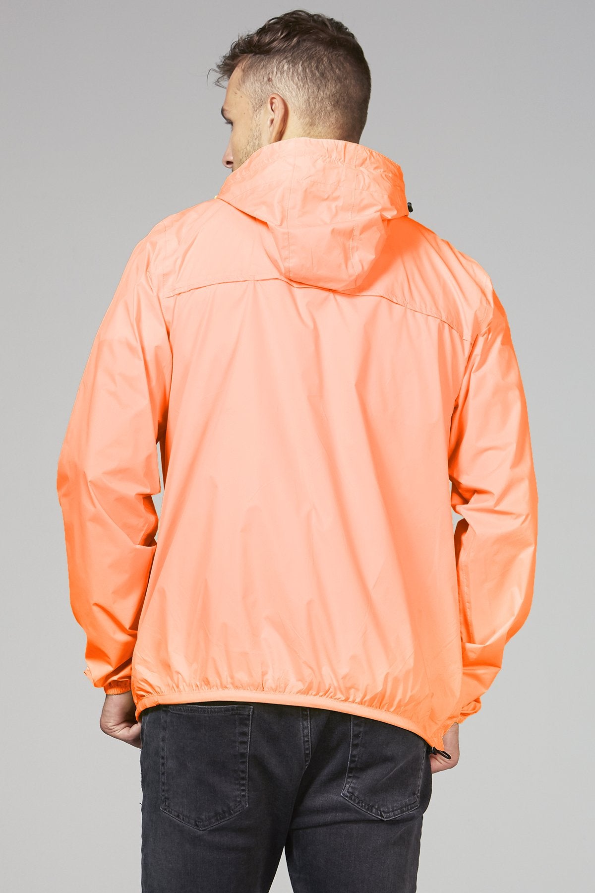 Orange fluo full zip packable rain jacket and windbreaker