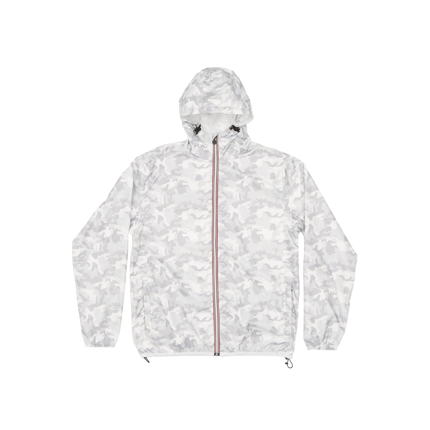 White camo full zip packable rain jacket and windbreaker