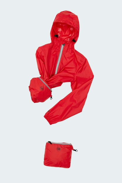 Red full zip packable rain jacket and windbreaker